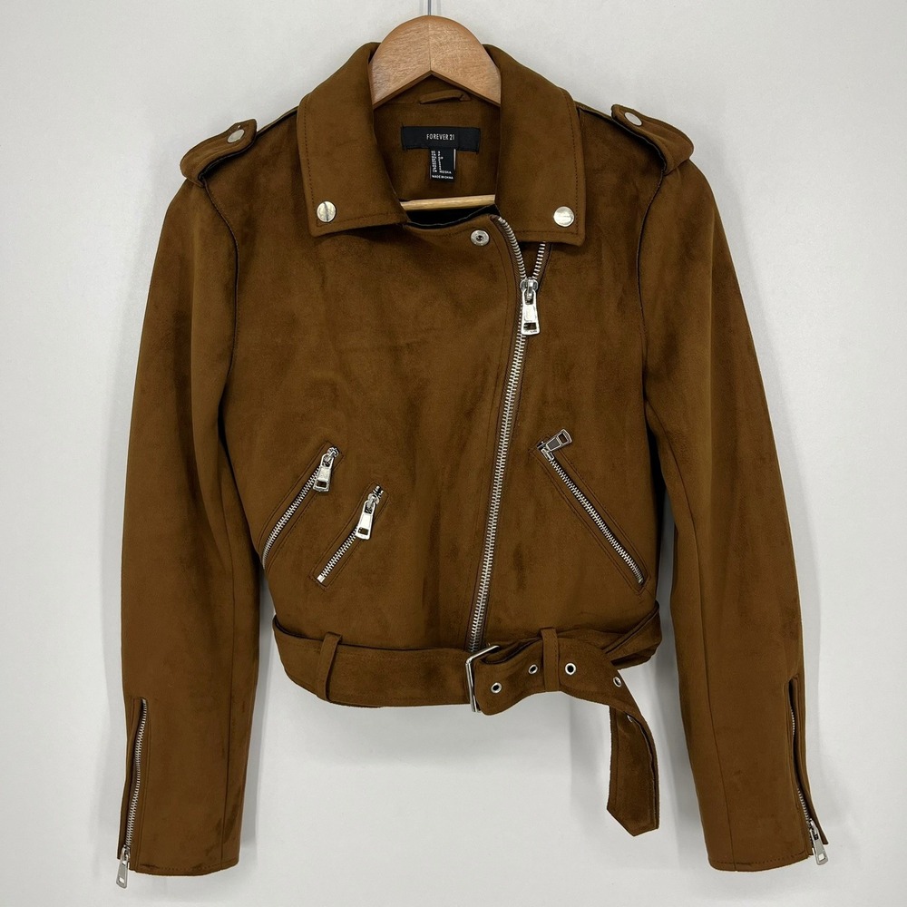 Forever 21 Womens Faux Suede Moto Jacket Cognac Brown Belted Asymmetrical Zip S